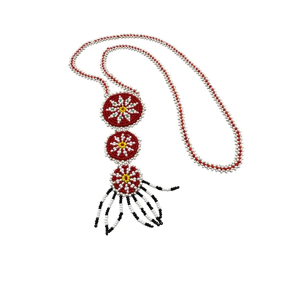 Vintage Mid Century Native American Seed Bead Medallion Fringe‎ Necklace